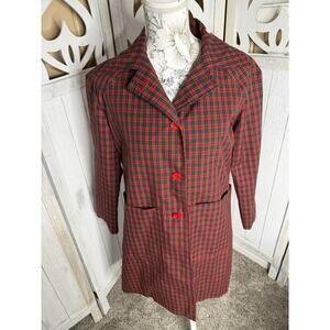 Vintage Tartan Red Green Plaid Trench Coat Red Button Double Pocket Size M/L